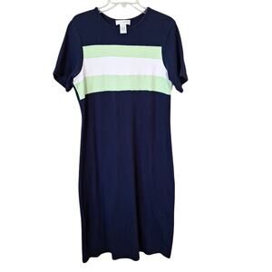 Y2K Navy Blue Green Short Sleeve Striped Midi Sporty Cotton Dress Women Size Med